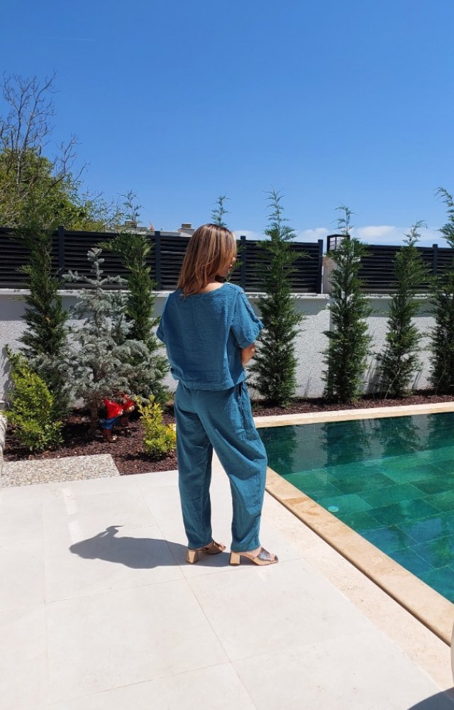 Kısa Kol Crop Bluz Kalem Pantolon Keten Kadın Takım