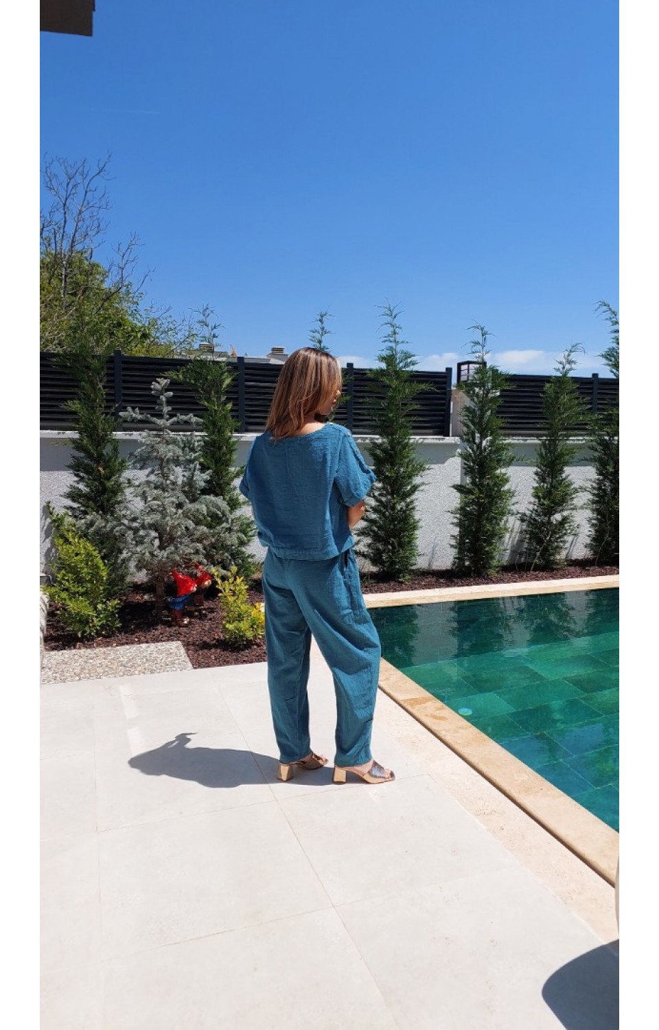 Kısa Kol Crop Bluz Kalem Pantolon Keten Kadın Takım