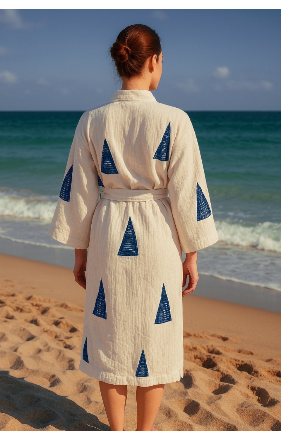 Yelken Desen Baskılı Müslin Kaftan Kimono Peştemal Bornoz (BOYU 120 CM)