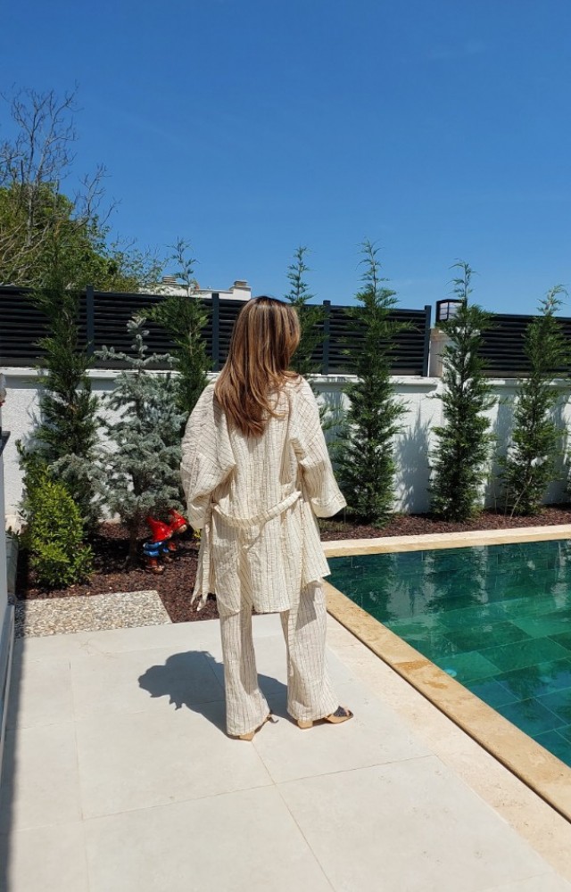 Çizgili Kimono Geniş Pantolon Keten Kadın Takım 