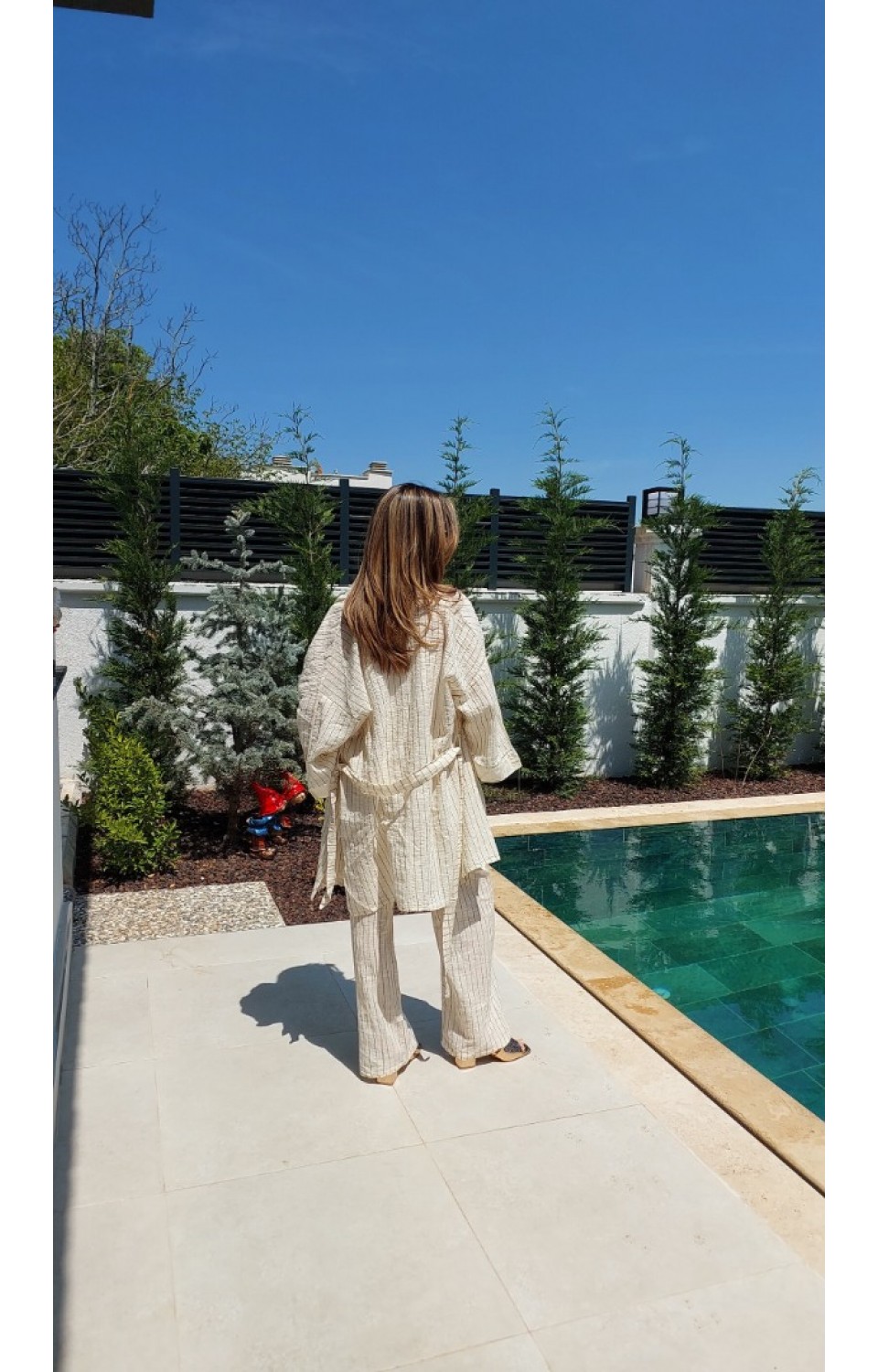Çizgili Kimono Geniş Pantolon Keten Kadın Takım 