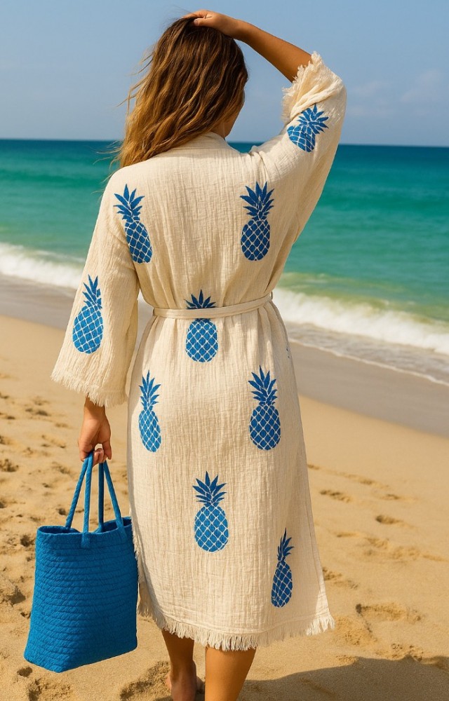 4 Kat Kumaş Özel Baskı Ananas Desenli Doğal Natürel Müslin Kaftan Kimono Peştemal Bornoz