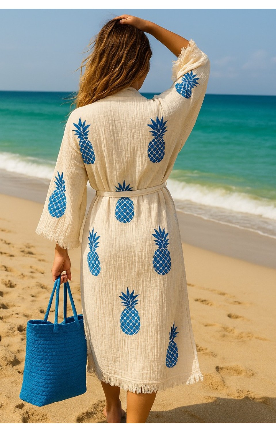 4 Kat Natürel Müslin Pamuk Kumaş Kimyasal İşlem Görmemiş El Baskılı Kaftan Kimono Peştemal Bornoz8
