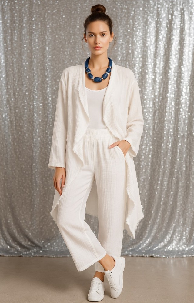 Cep Detaylı Dökümlü Eskitmeli Müslin Bohem Ceket Beyaz