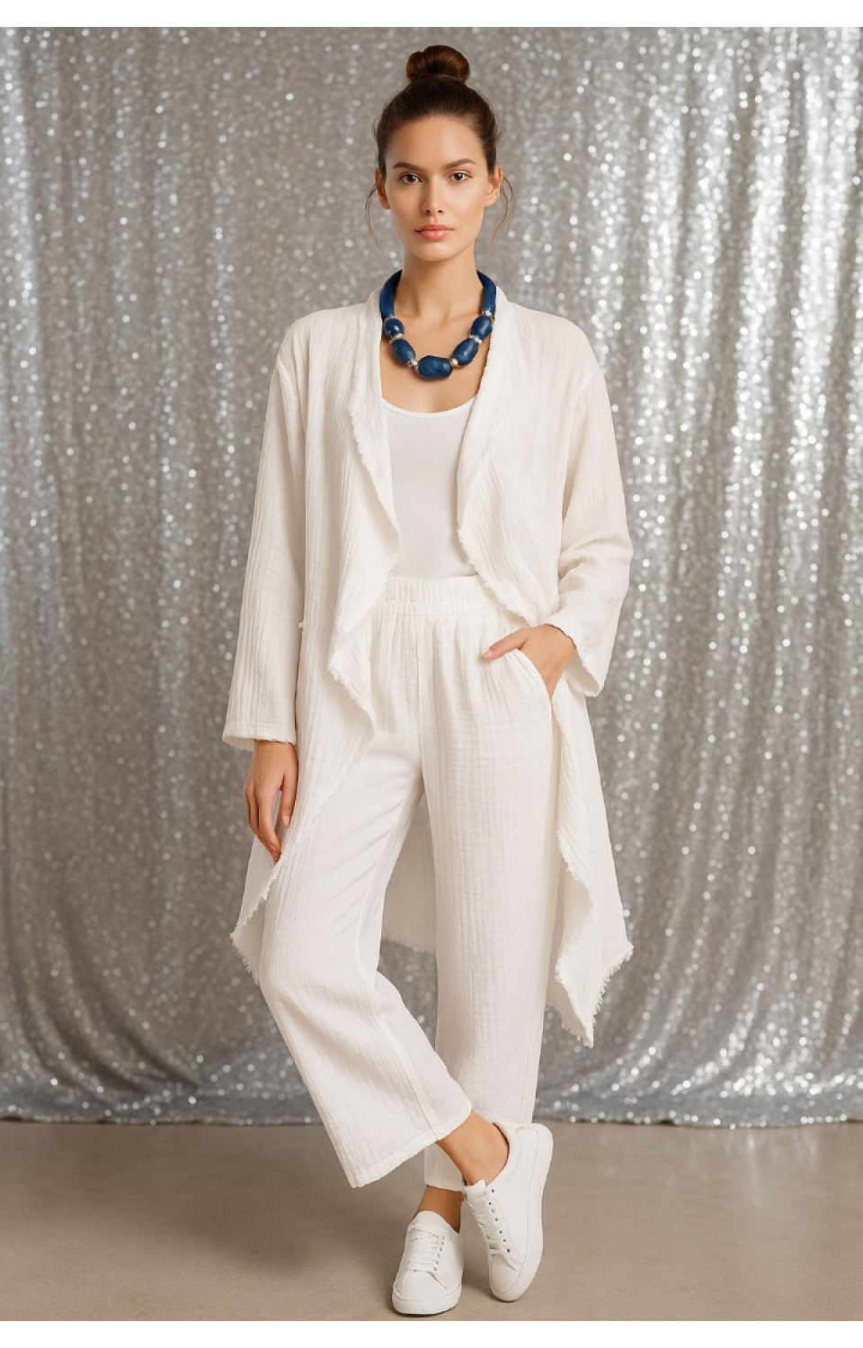 Cep Detaylı Dökümlü Eskitmeli Müslin Bohem Ceket Beyaz