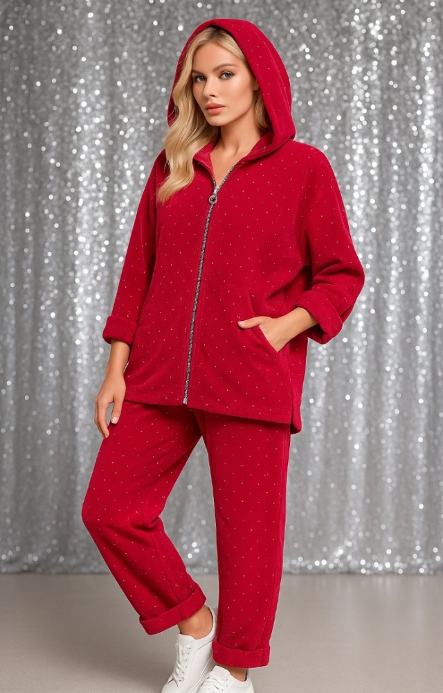 Taşlı Fermuarlı Kadın Alt Üst Takım Kırmızı