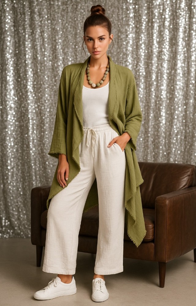 Cep Detaylı Dökümlü Eskitmeli Müslin Bohem Ceket Yeşil