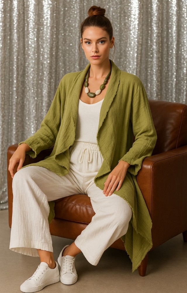 Cep Detaylı Dökümlü Eskitmeli Müslin Bohem Ceket Yeşil