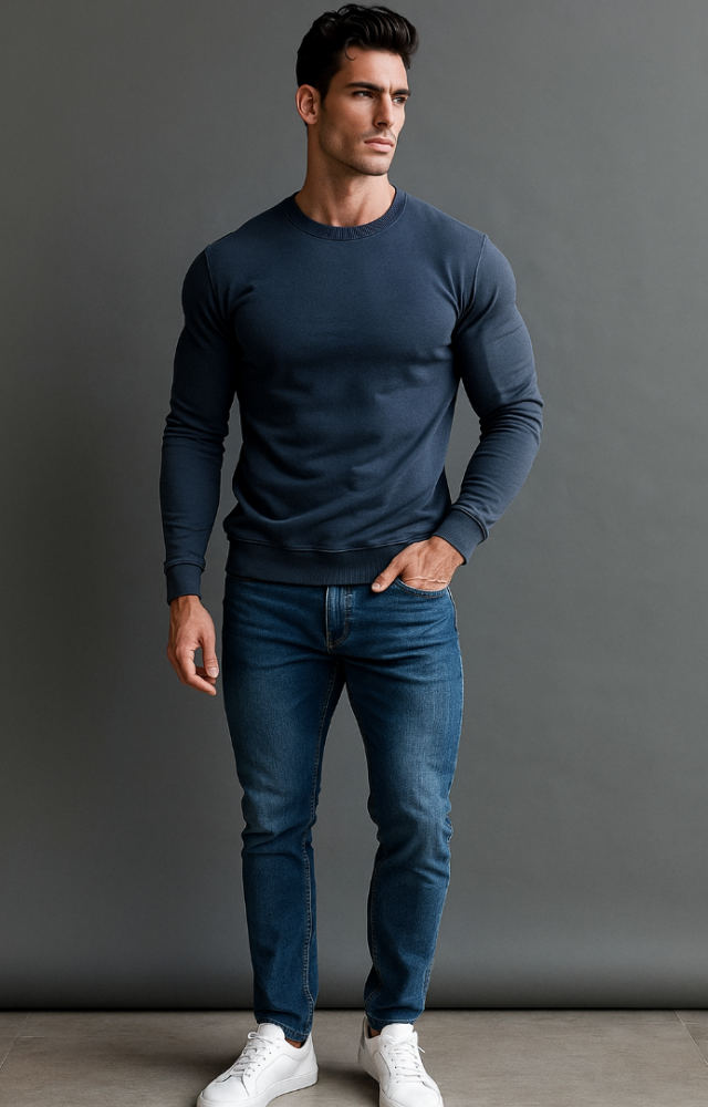 Bisiklet Yaka 3 İplik Yüksek Kaliteli Unisex Kadın Erkek Mavi Sweatshirt