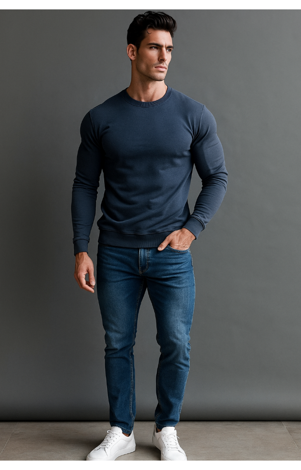 Bisiklet Yaka 3 İplik Yüksek Kaliteli Unisex Kadın Erkek Mavi Sweatshirt