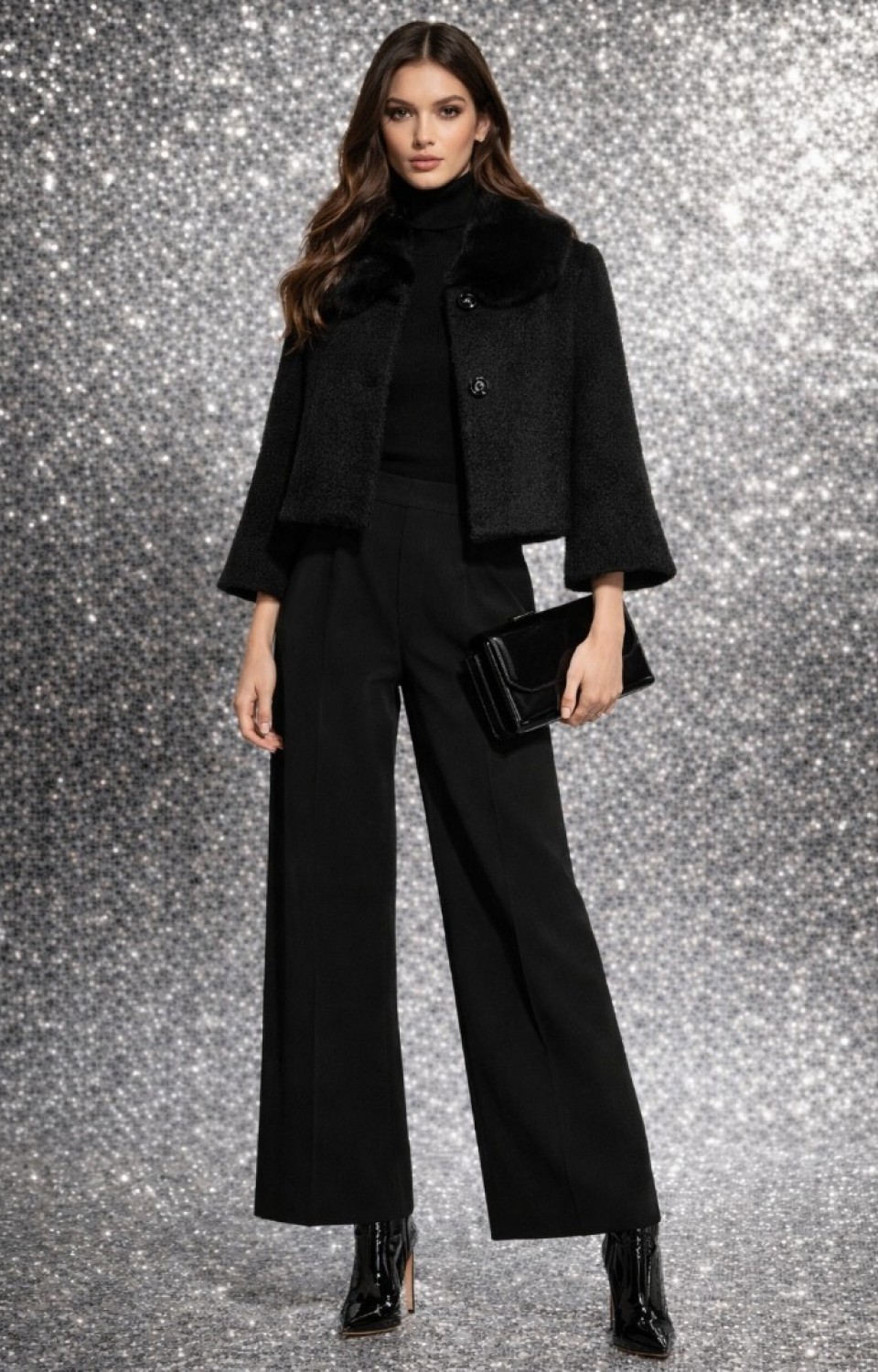 Kürk Yakalı Tüylü Kaşe Kadın Kısa Mont Siyah