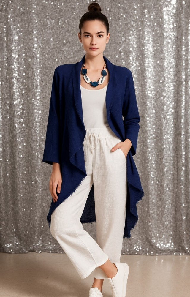 Cep Detaylı Dökümlü Eskitmeli Müslin Bohem Ceket Lacivert