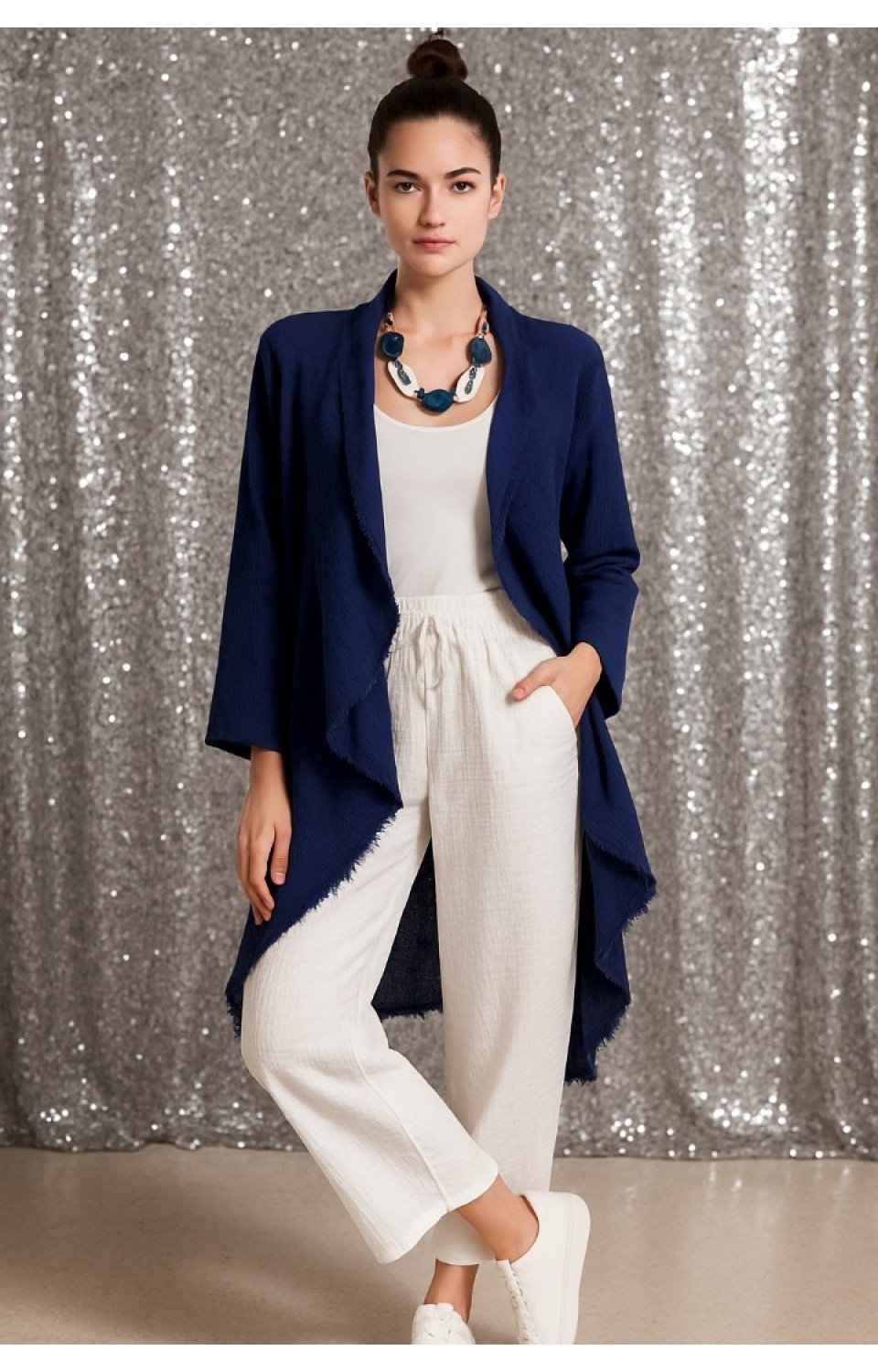 Cep Detaylı Dökümlü Eskitmeli Müslin Bohem Ceket Lacivert