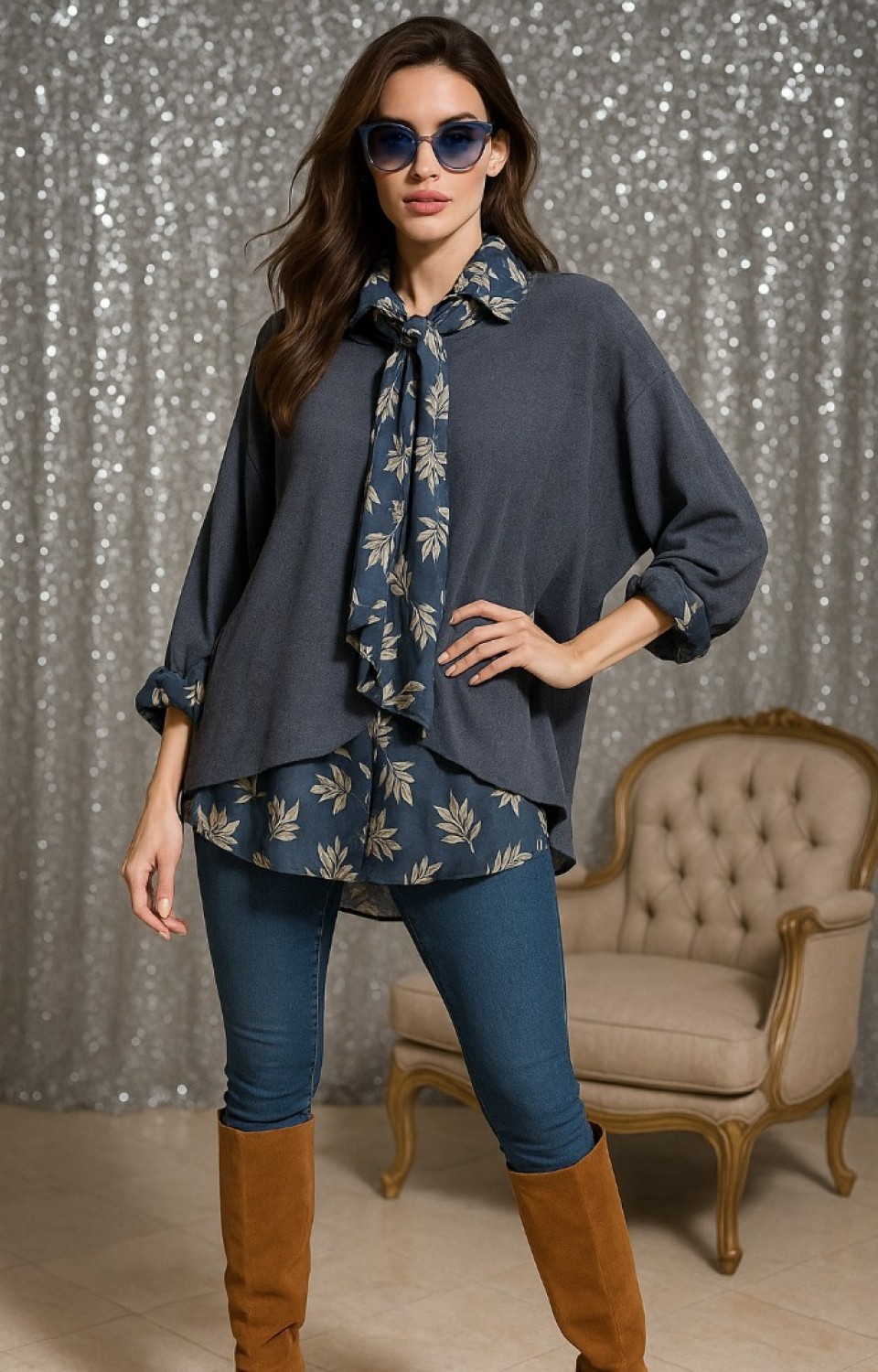 Kadın Yaprak Desenli Gömlek Bluz Fular Takımı
