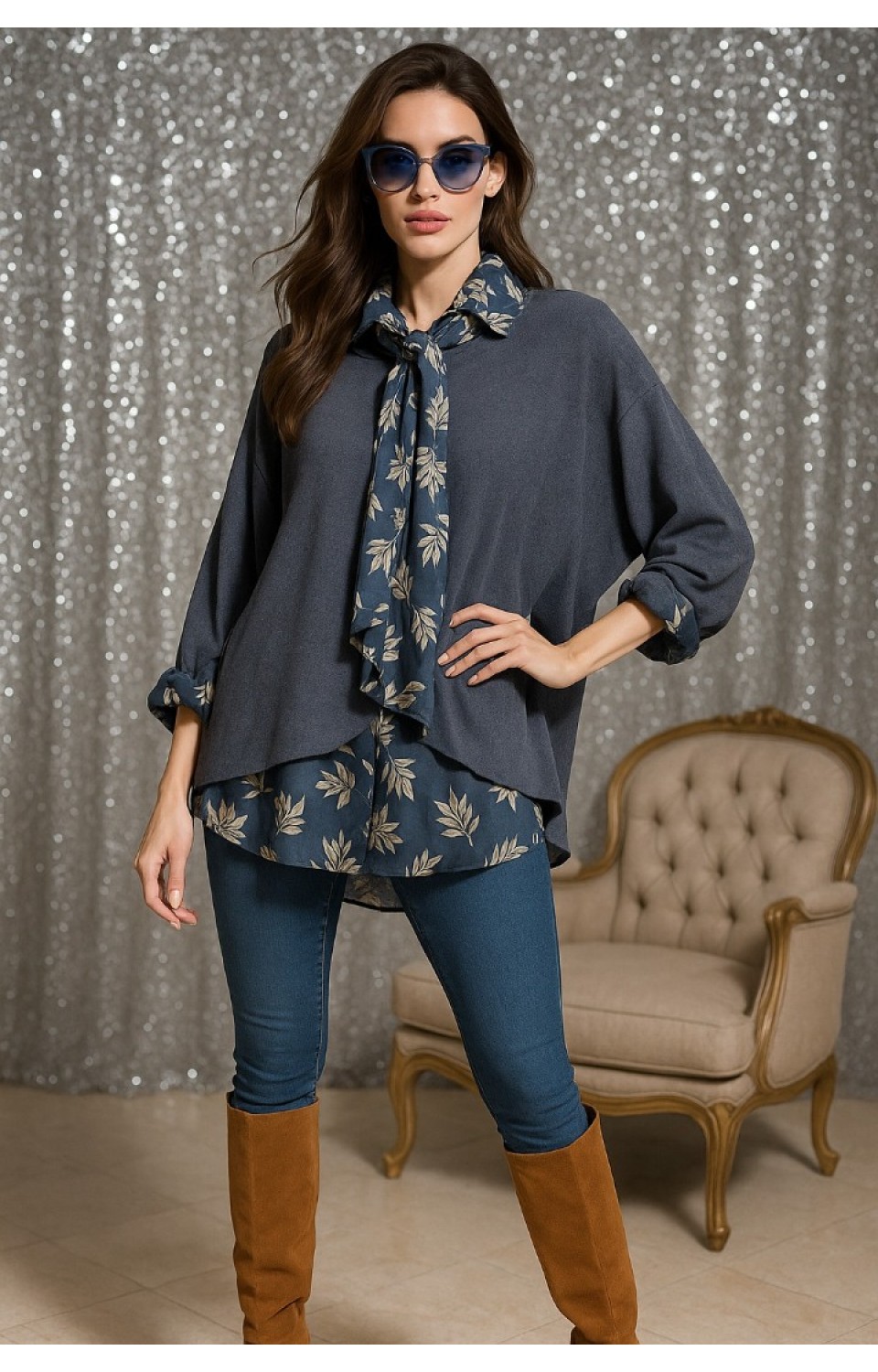 Kadın Yaprak Desenli Gömlek Bluz Fular Takımı