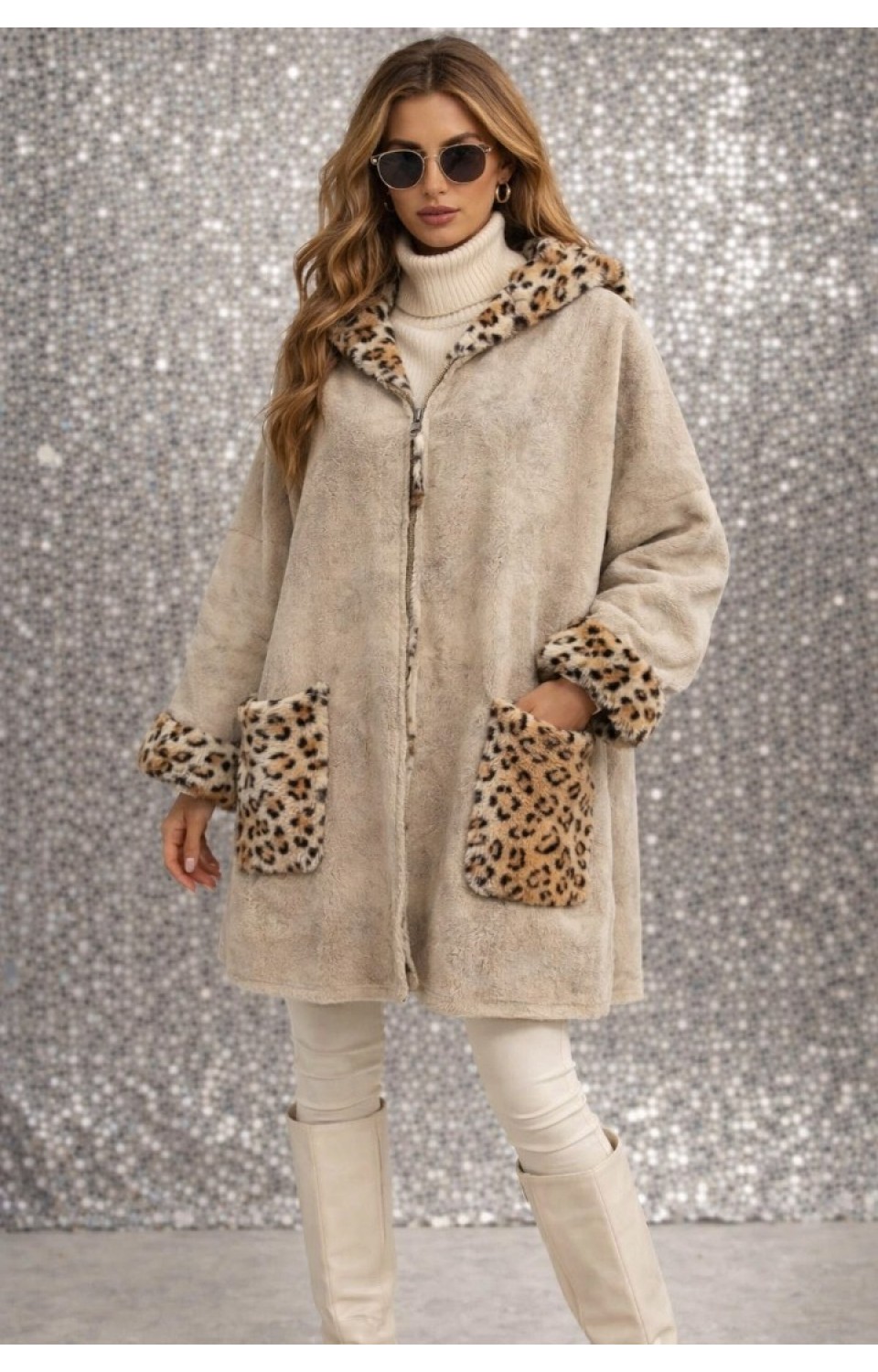 İçi Peluş Leopar Desen Dışı Nubuk Kumaş Fermuarlı Kadın Mont Taş