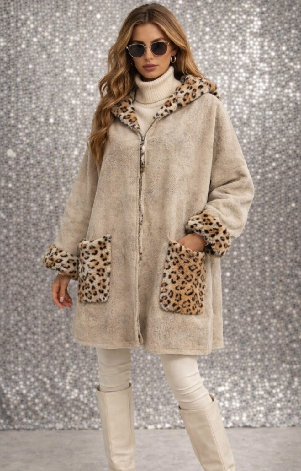 İçi Peluş Leopar Desen Dışı Nubuk Kumaş Fermuarlı Kadın Mont Taş