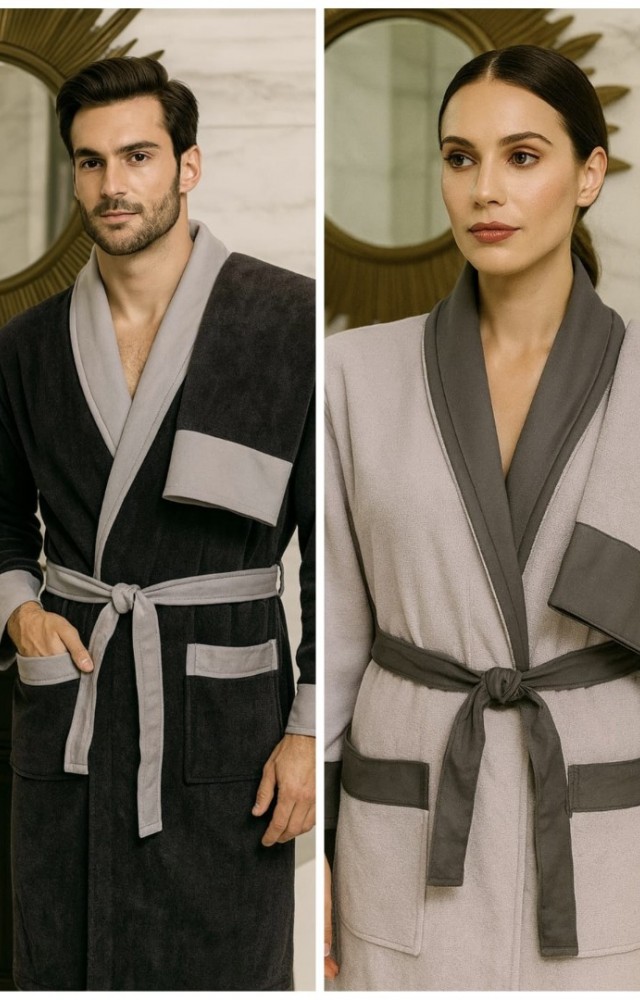 %100 Pamuk Yüksek Su Emici Şal Yaka Cepli Kadın Erkek Banyo Seti (S-M Kadın/L-XL Erkek)