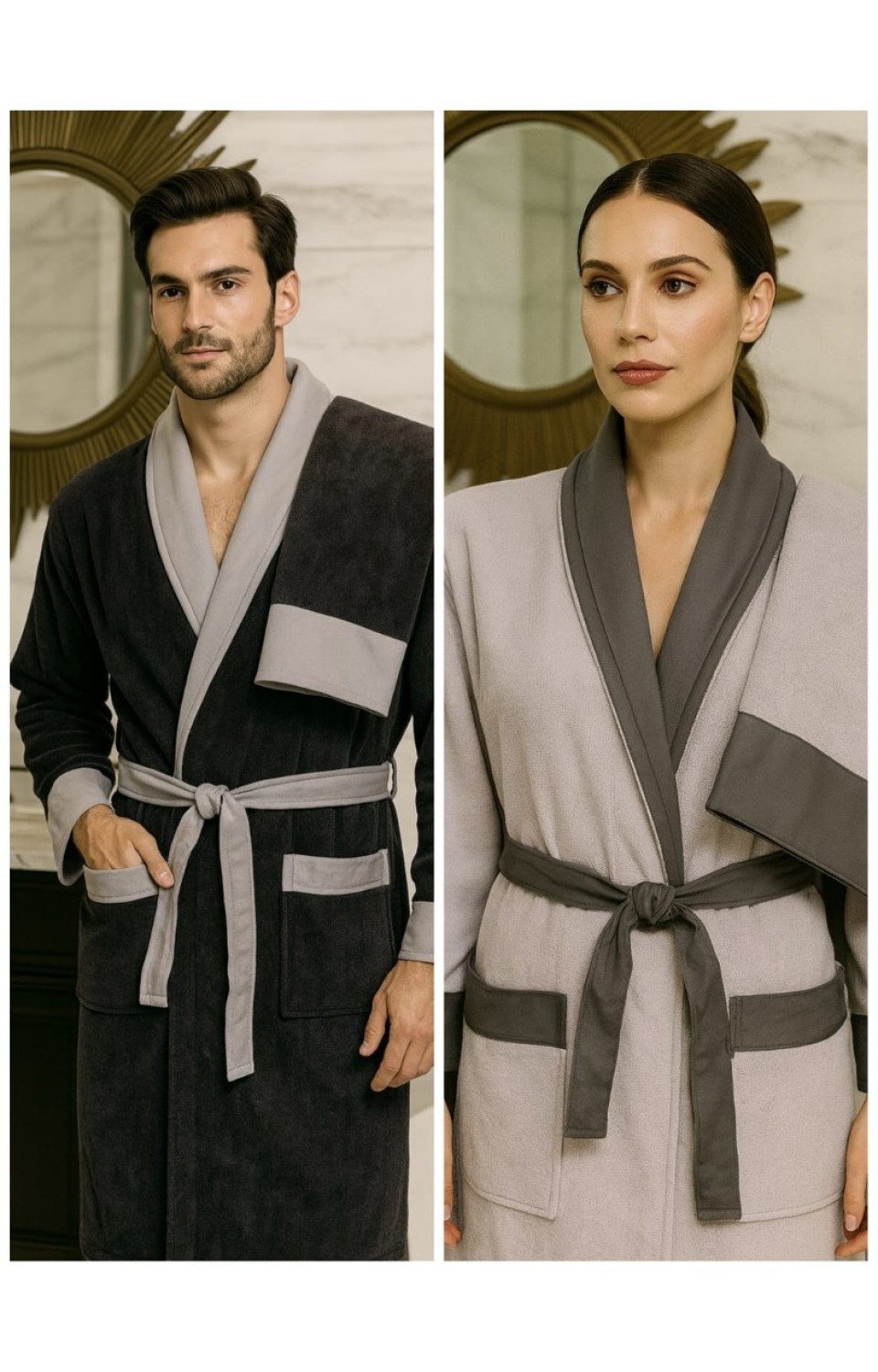 %100 Pamuk Yüksek Su Emici Şal Yaka Cepli Kadın Erkek Banyo Seti (S-M Kadın/L-XL Erkek)