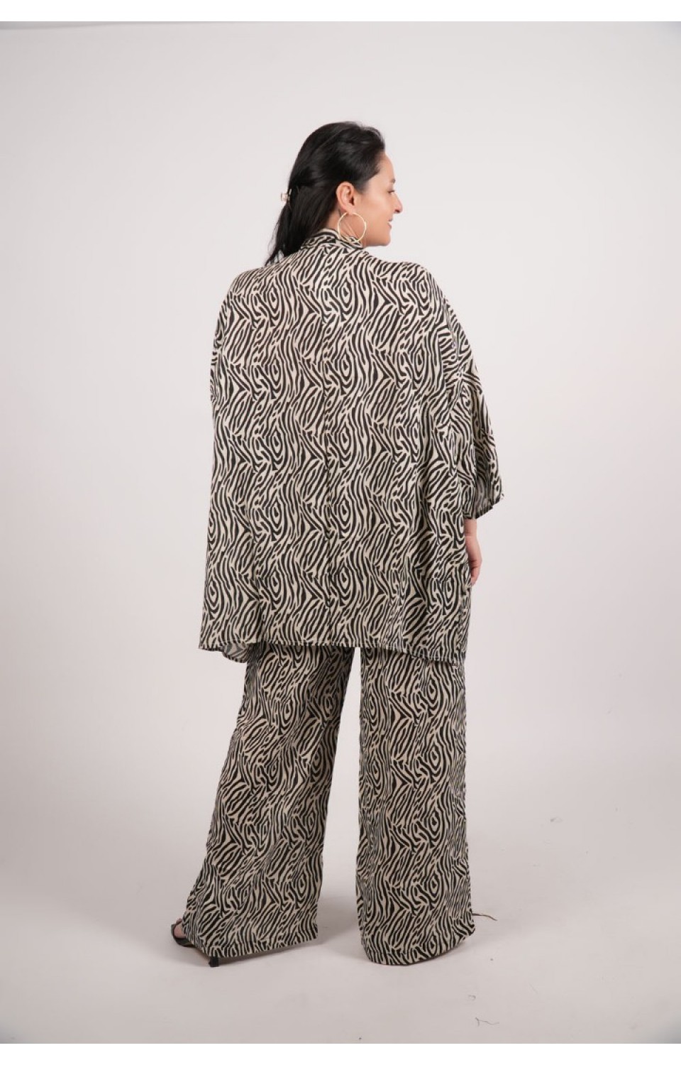 Beli Lastikli Bağlamalı Geniş Paça Pantalon Truvakar Kol Önü Açık Gömlek Kadın Yazlık Takım
