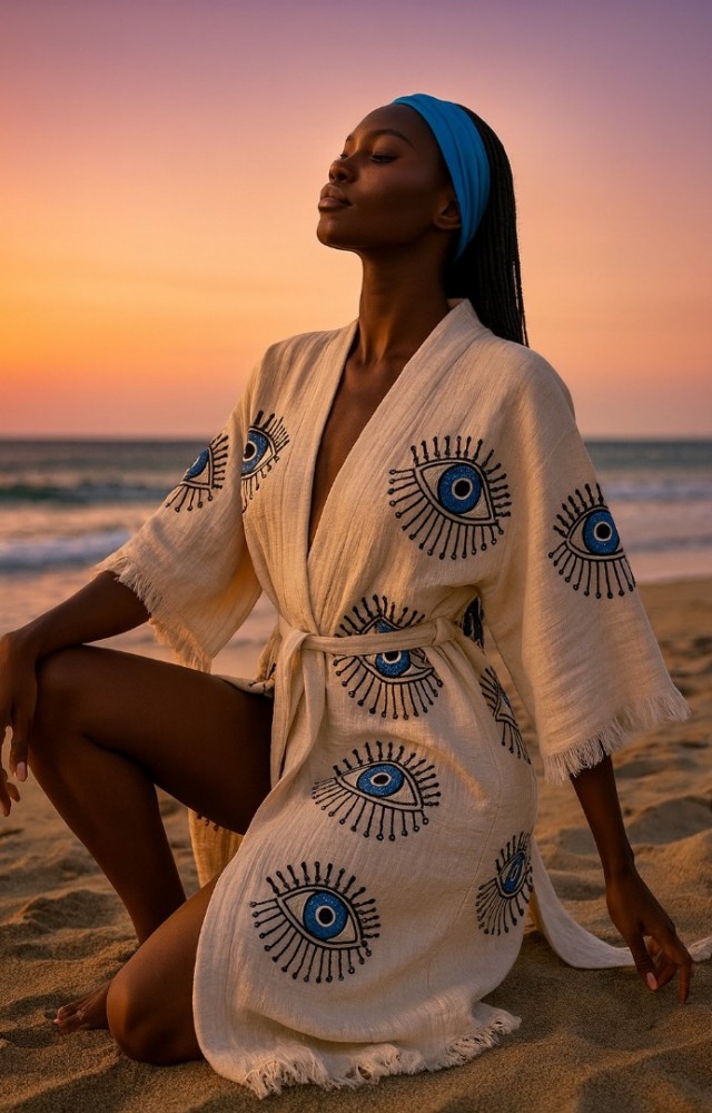 4 Kat Kumaş Özel Baskı Mavi Göz Desenli Doğal Natürel Müslin Kaftan Kimono Peştemal Bornoz
