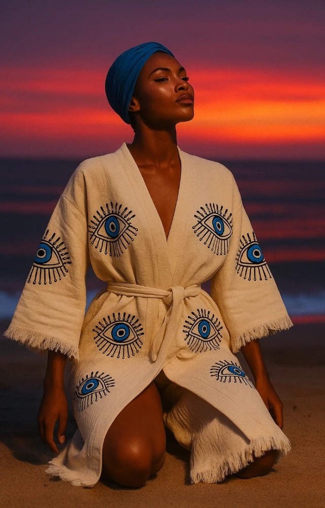 4 Kat Kumaş Özel Baskı Mavi Göz Desenli Doğal Natürel Müslin Kaftan Kimono Peştemal Bornoz