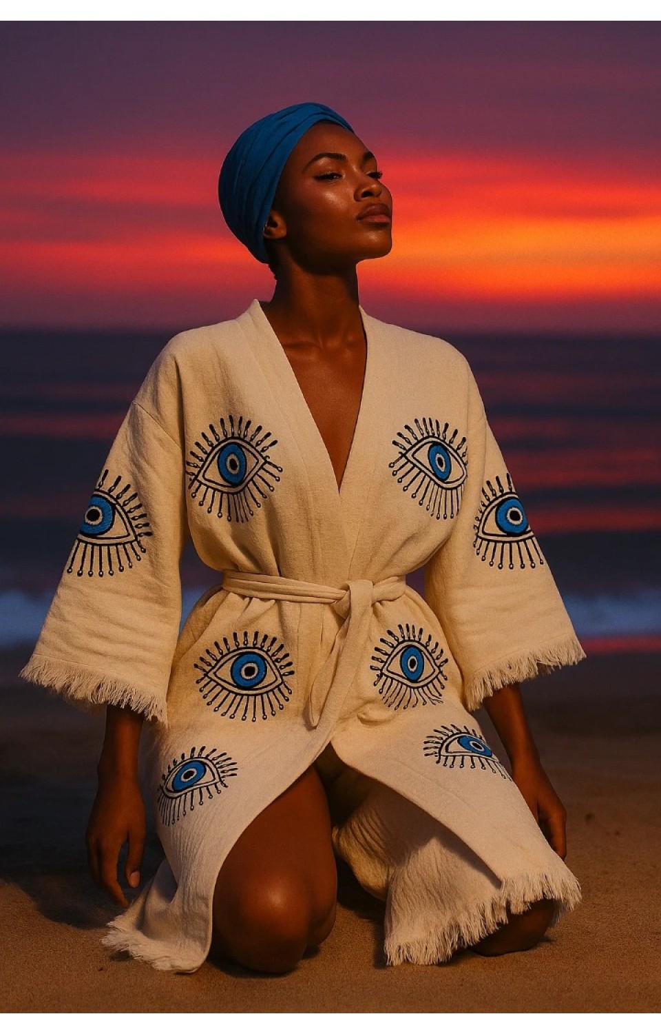 4 Kat Natürel Müslin Pamuk Kumaş Kimyasal İşlem Görmemiş El Baskılı Kaftan Kimono Peştemal Bornoz21