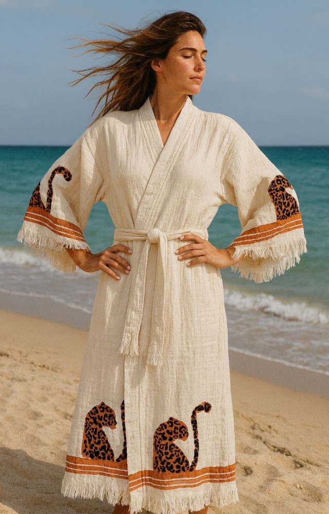 4 Kat Natürel Müslin Pamuk Kumaş Kimyasal İşlem Görmemiş El Baskılı Kaftan Kimono Peştemal Bornoz11