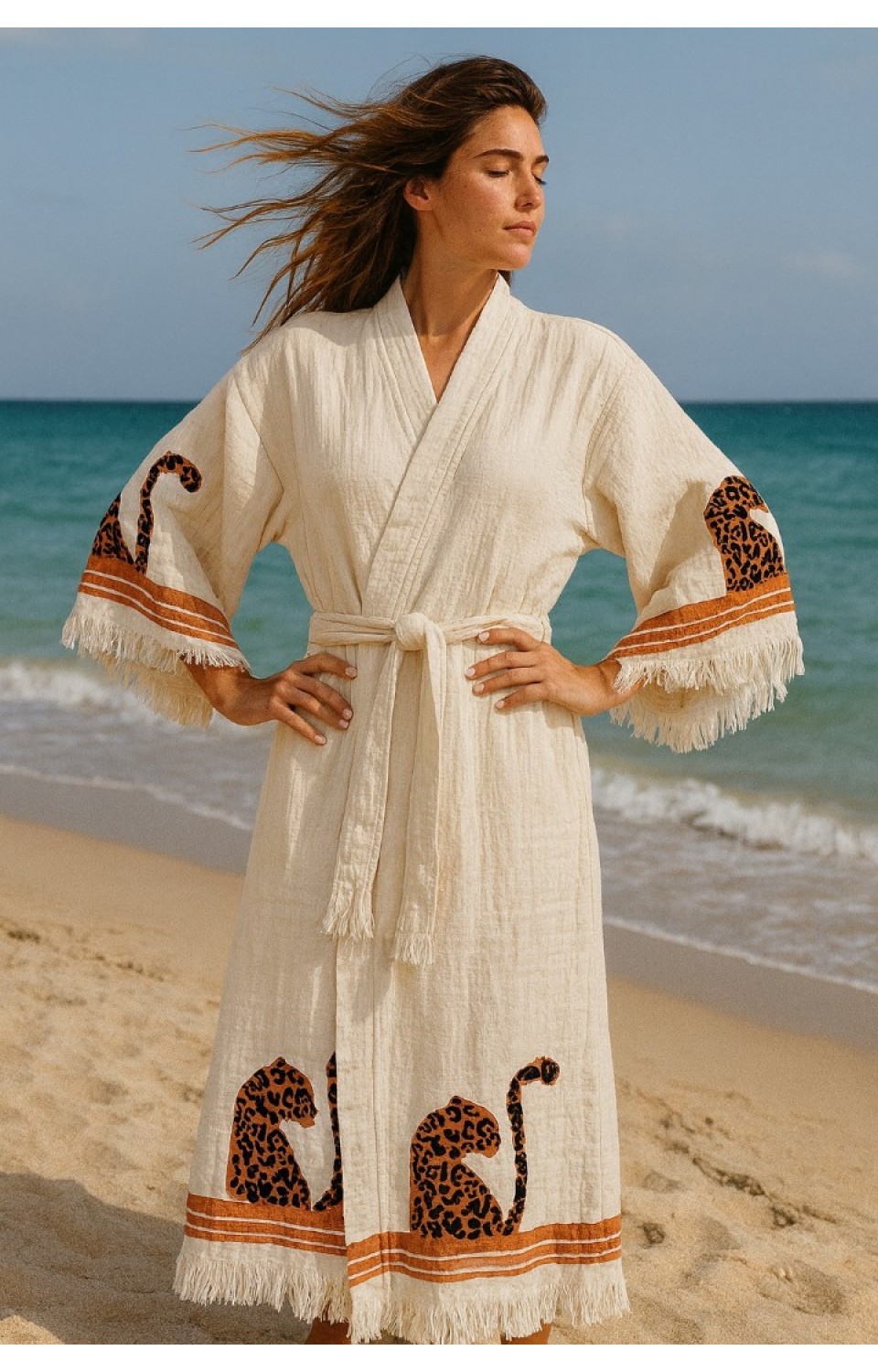 4 Kat Natürel Müslin Pamuk Kumaş Kimyasal İşlem Görmemiş El Baskılı Kaftan Kimono Peştemal Bornoz11