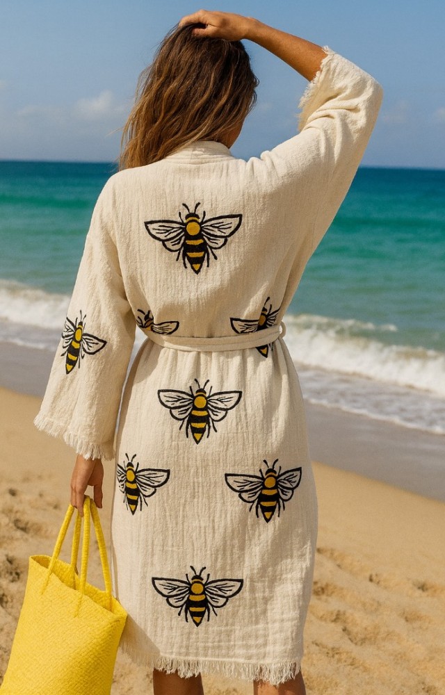 4 Kat Kumaş Özel Baskı Arı Desenli Doğal Natürel Müslin Kaftan Kimono Peştemal Bornoz