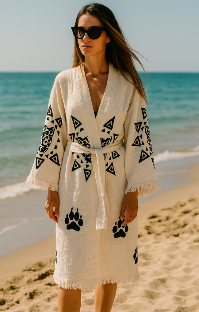 4 Kat Kumaş Özel Baskı Aslan Desenli Doğal Natürel Müslin Kaftan Kimono Peştemal Bornoz