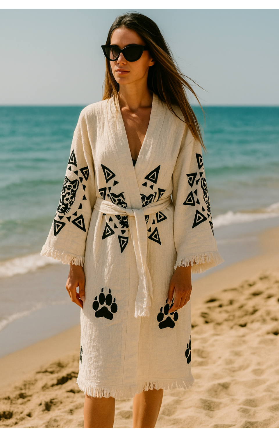 4 Kat Natürel Müslin Pamuk Kumaş Kimyasal İşlem Görmemiş El Baskılı Kaftan Kimono Peştemal Bornoz4