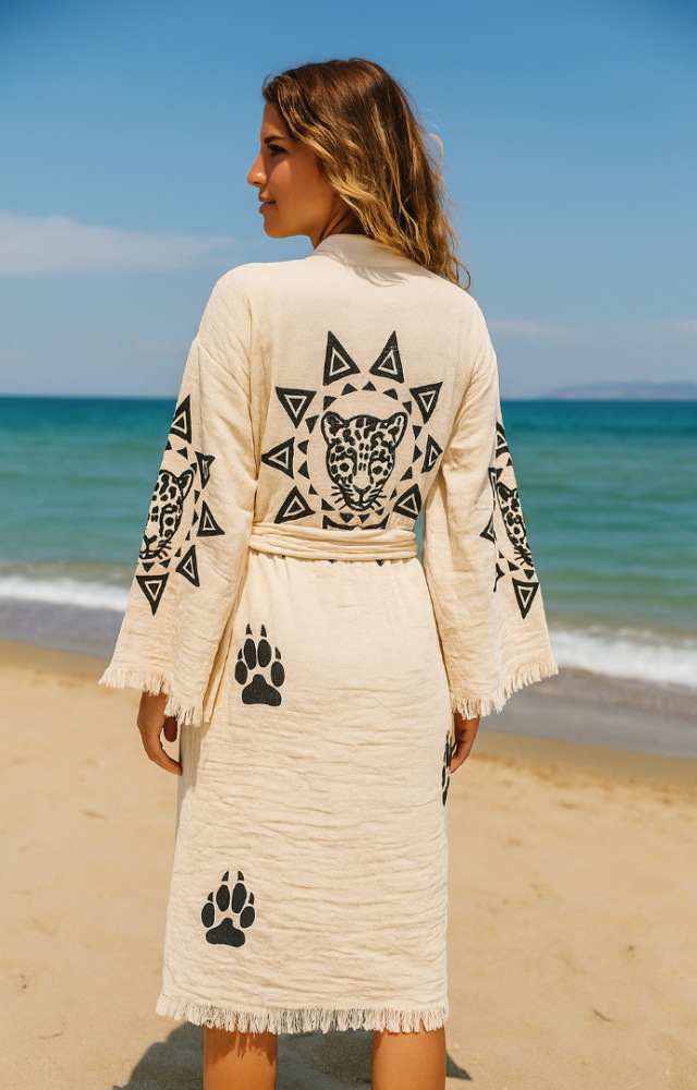 4 Kat Kumaş Özel Baskı Aslan Desenli Doğal Natürel Müslin Kaftan Kimono Peştemal Bornoz
