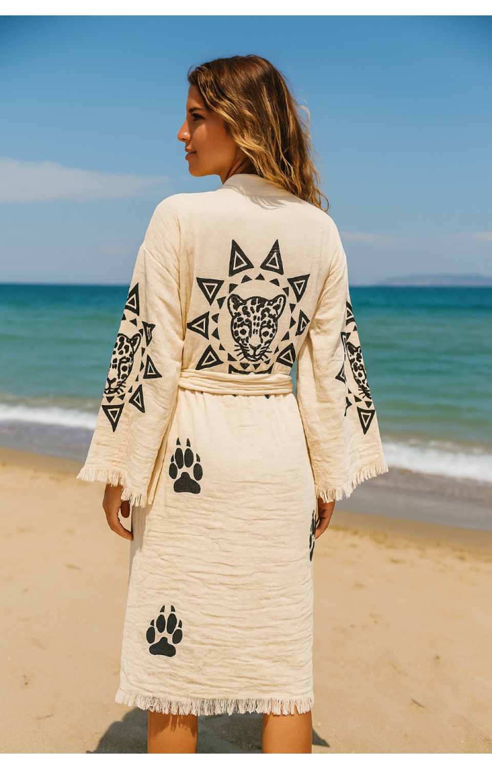 4 Kat Natürel Müslin Pamuk Kumaş Kimyasal İşlem Görmemiş El Baskılı Kaftan Kimono Peştemal Bornoz4