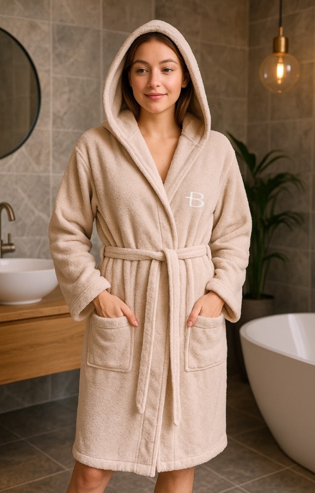 Bej Kapşonlu Çift Cep %100 Pamuk Kadın Erkek Banyo Bornozu (Boy 100 cm)