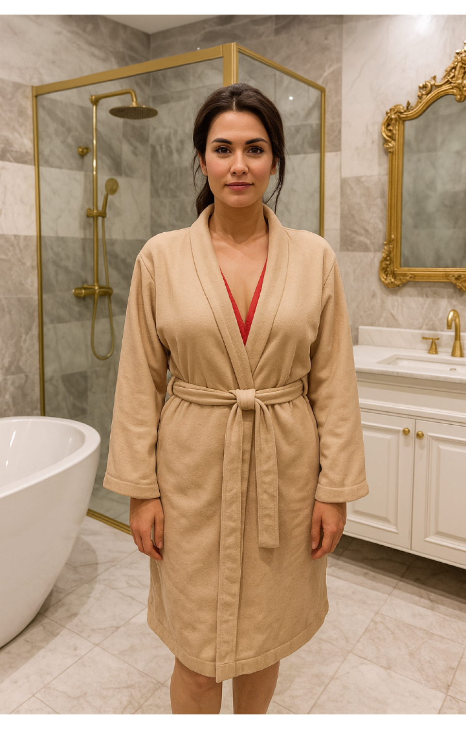 Kapşonlu Cepli Belden Kuşaklı %100 Pamuk Dışı Bej İçi Fuşya Banyo Bornozu