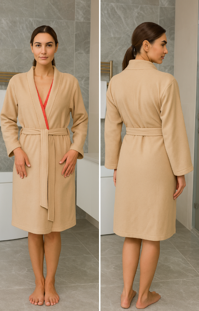 Kapşonlu Cepli Belden Kuşaklı %100 Pamuk Dışı Bej İçi Fuşya Banyo Bornozu