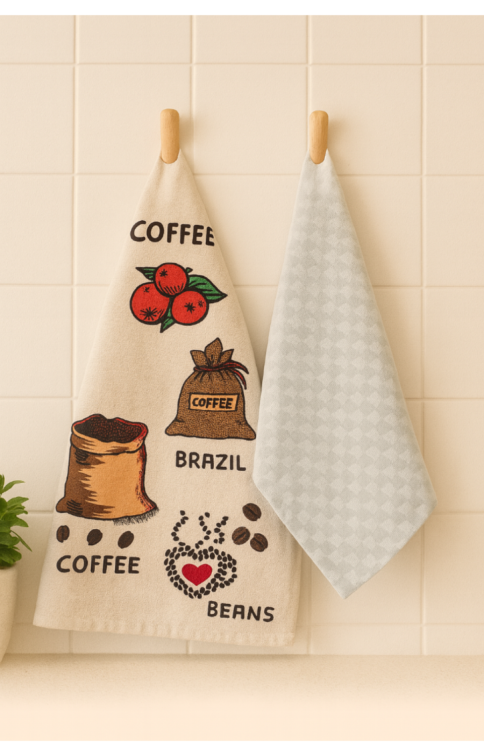 2'li Mutfak Peçetesi %100 Pamuk Dokuma Desenli ve Baskılı 40 x 60 Bej Havlu Seti