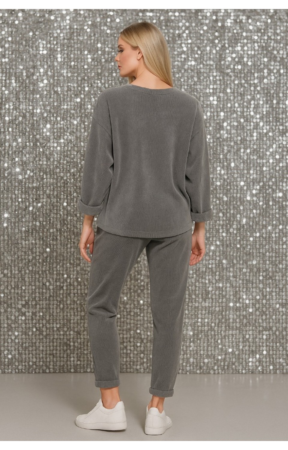 Bisiklet Yaka Kadife Kadın Alt Üst Takım Gri