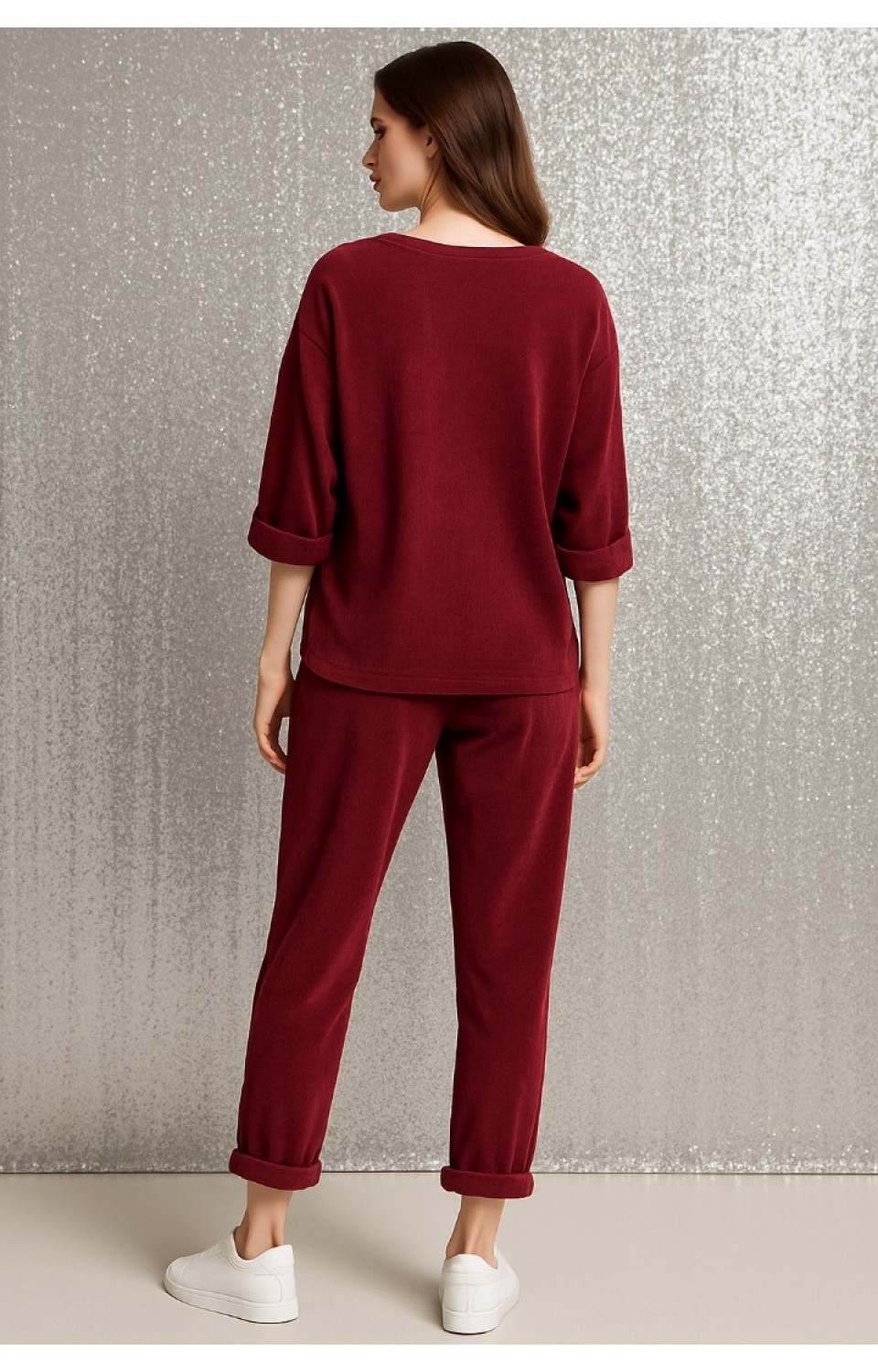 Bisiklet Yaka Kadife Kadın Alt Üst Takım Bordo