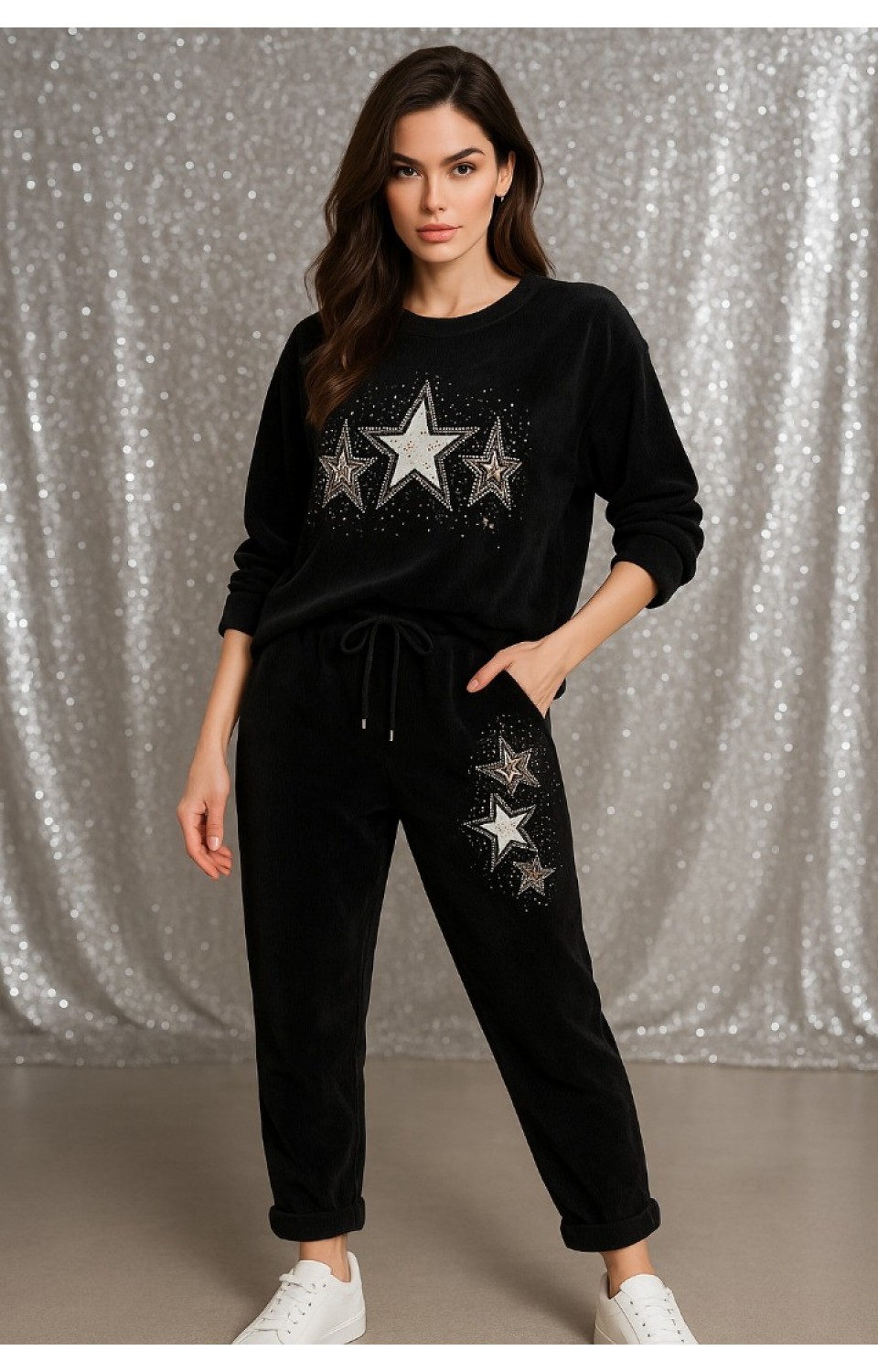 Bisiklet Yaka Kadife Kadın Alt Üst Takım Siyah