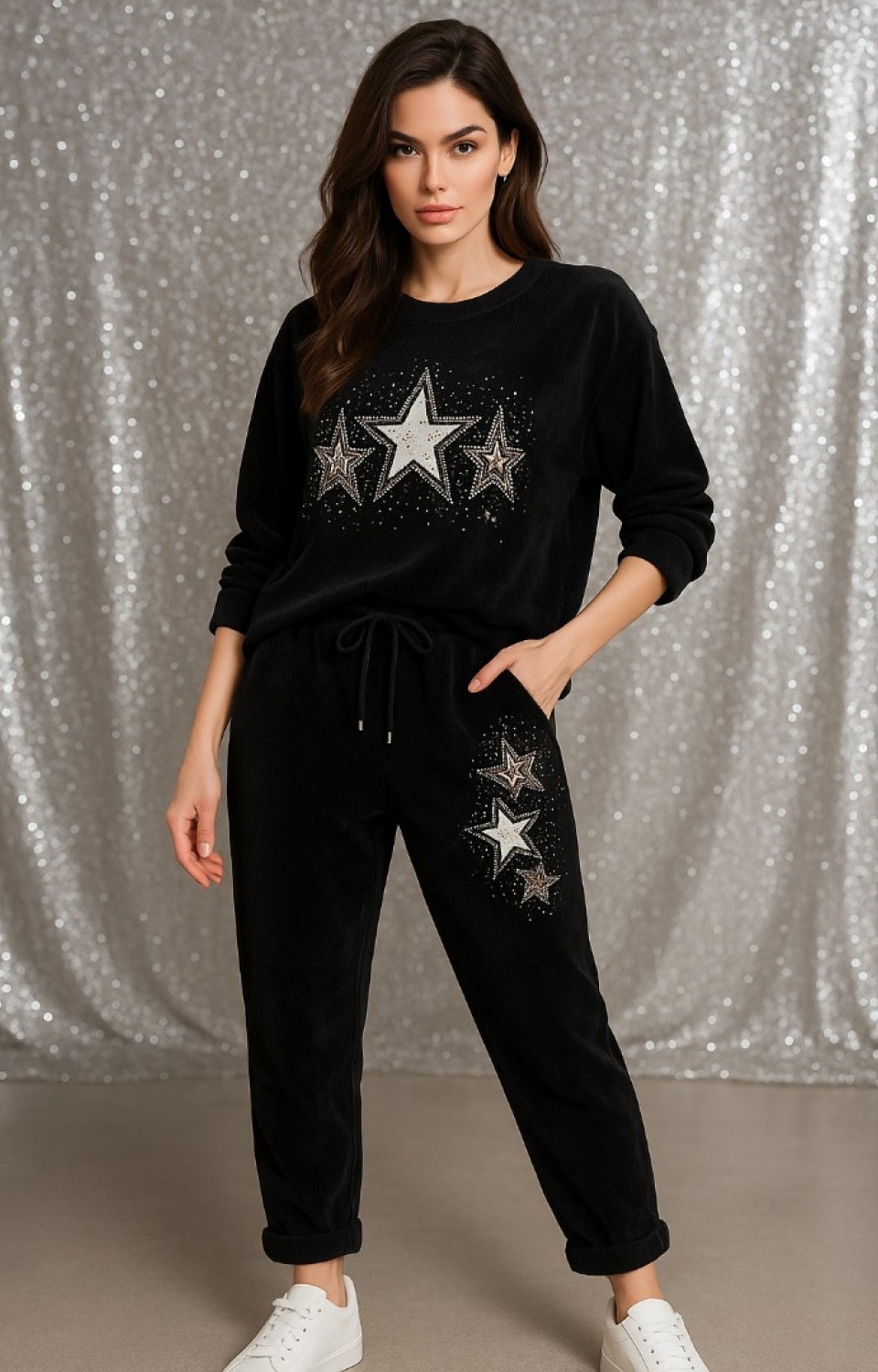 Bisiklet Yaka Kadife Kadın Alt Üst Takım Siyah
