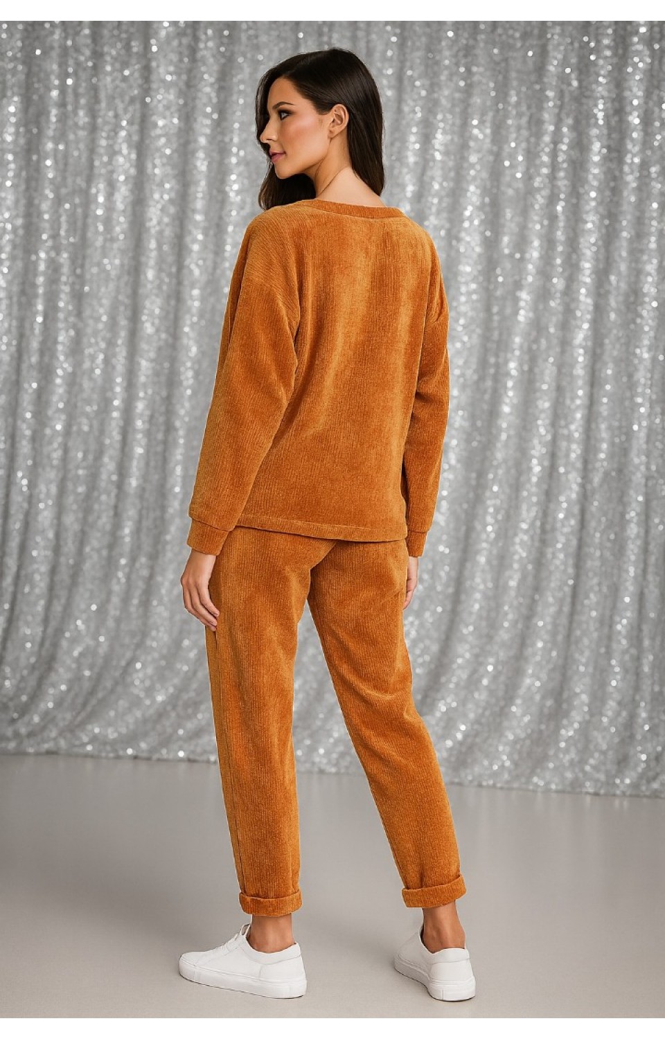 Bisiklet Yaka Kadife Kadın Alt Üst Takım Turuncu