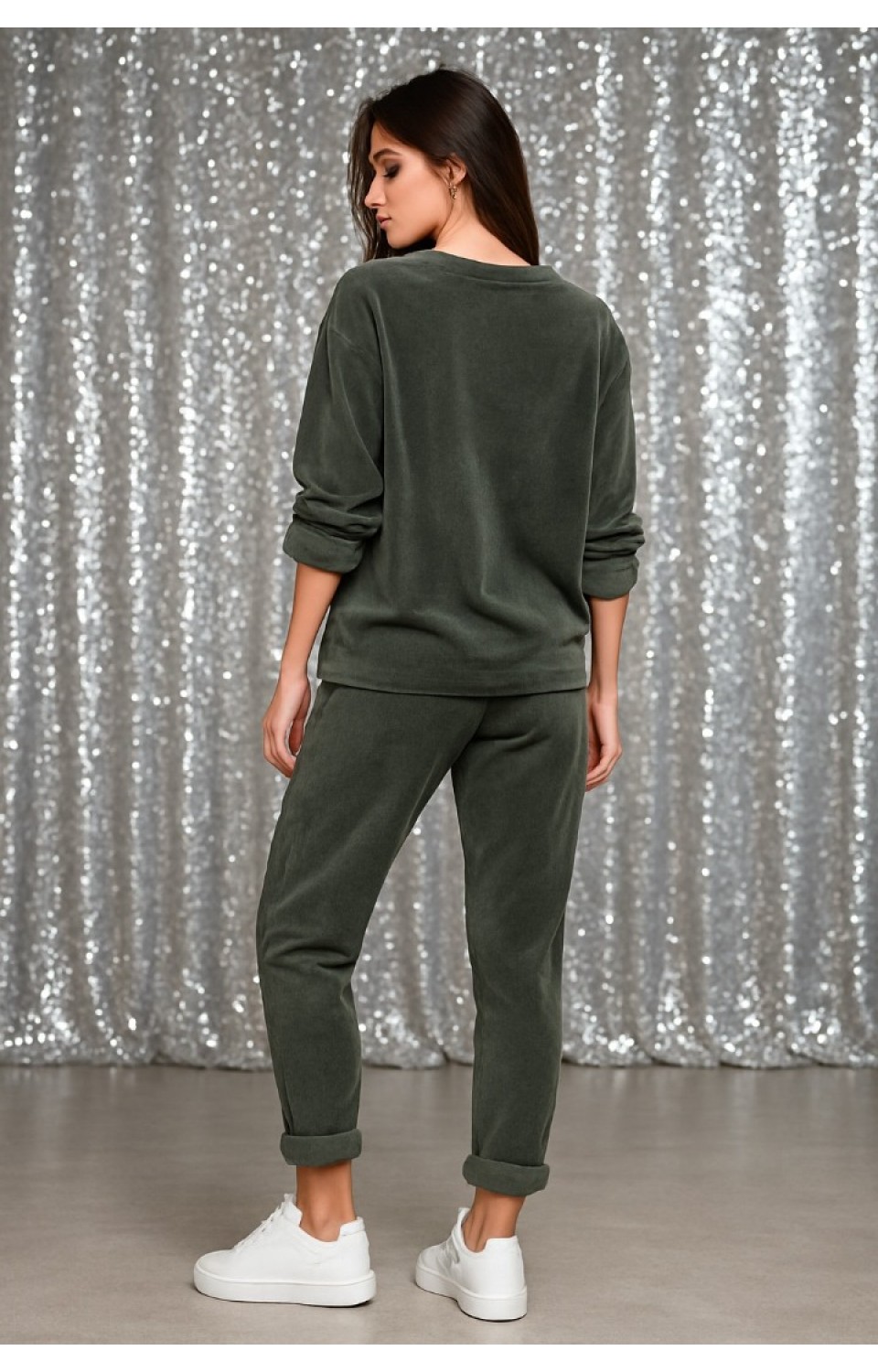 Bisiklet Yaka Kadife Kadın Alt Üst Takım Haki
