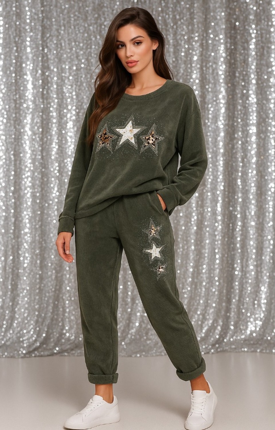 Bisiklet Yaka Kadife Kadın Alt Üst Takım Haki