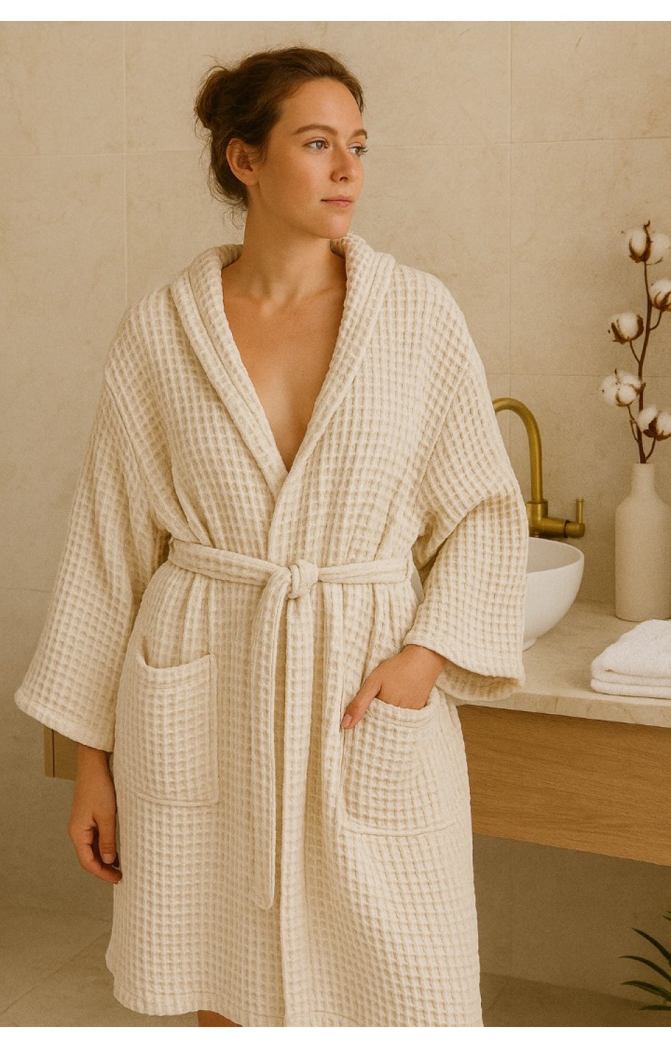 Kapüşonlu Cepli Unisex Kadın Erkek %100 Pamuk Kalın Pike Bornoz