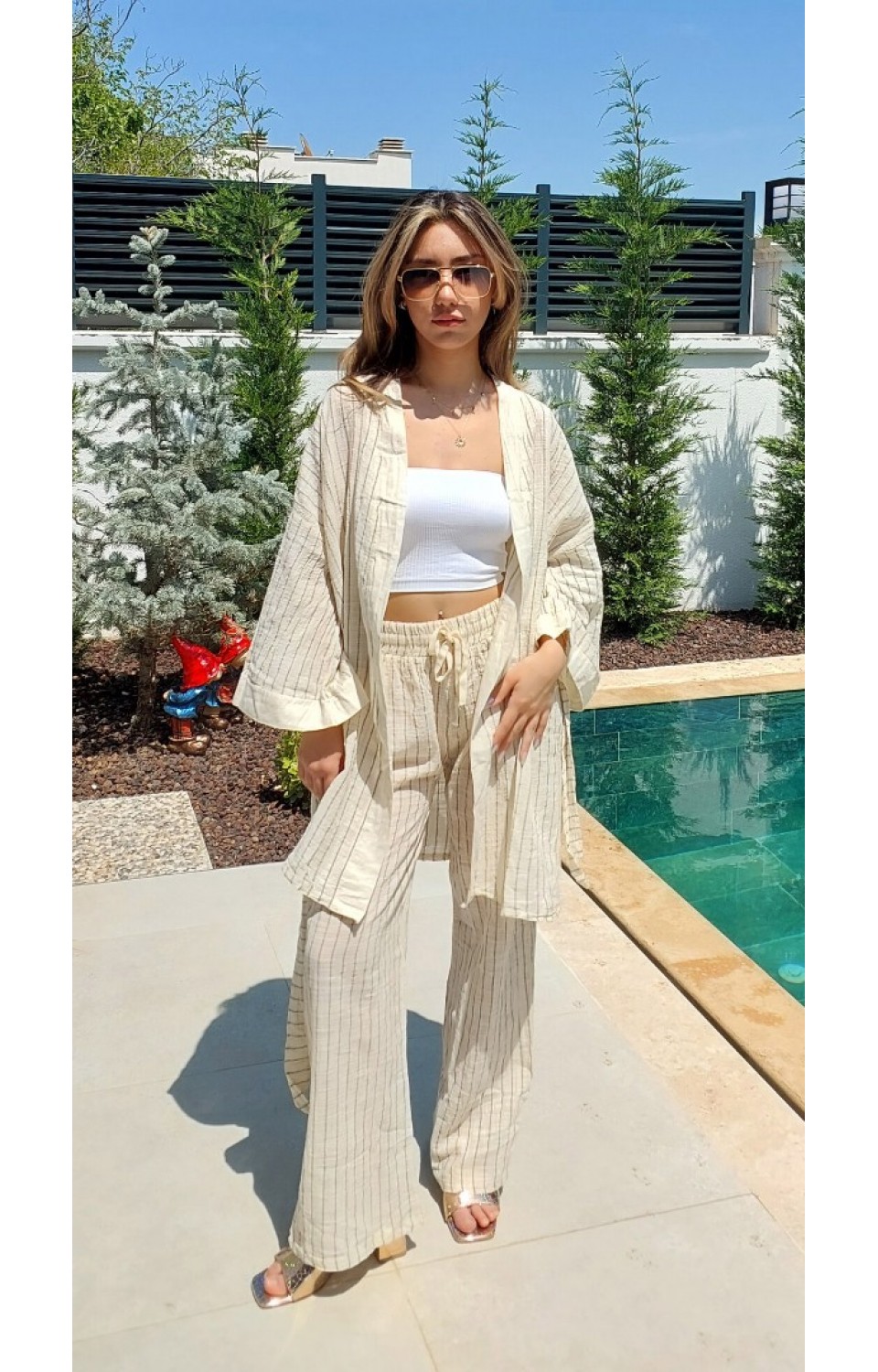 Çizgili Kimono Geniş Pantolon Keten Kadın Takım 