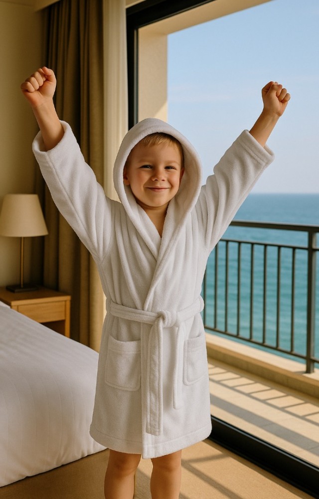 Dokulu Bambu Penye İplik Çocuk Bornoz Mükemmel Kalite Uzun Yıllar Yumuşak Kalır Suyu Çabuk Emer