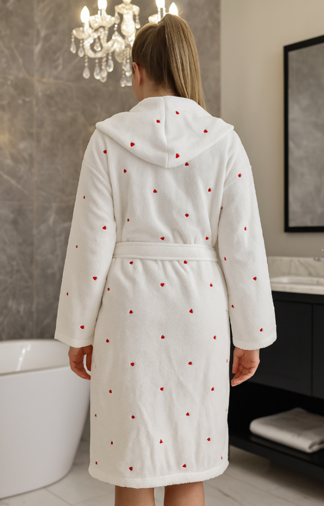 Kapşonlu Cepli Kalp Nakışlı %100 Pamuk Microcotton Lüks Banyo Bornozu