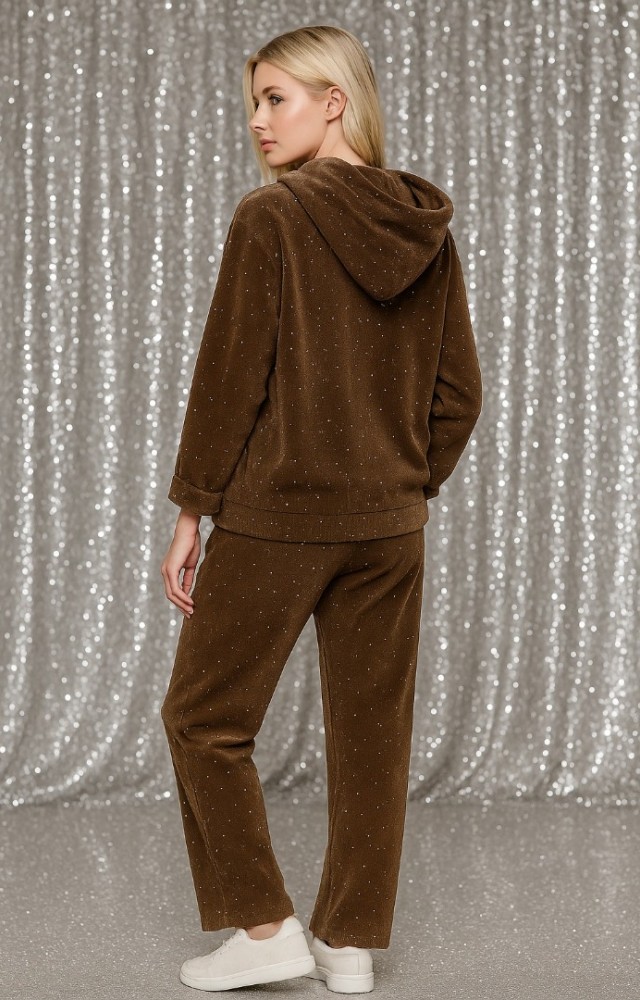 Taşlı Fermuarlı Kadın Alt Üst Takım Kahverengi